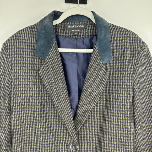 Vintage Braebrook Wool Plaid Blazer Suede Elbow Patch Size 10 Academia Preppy - Picture 4 of 12